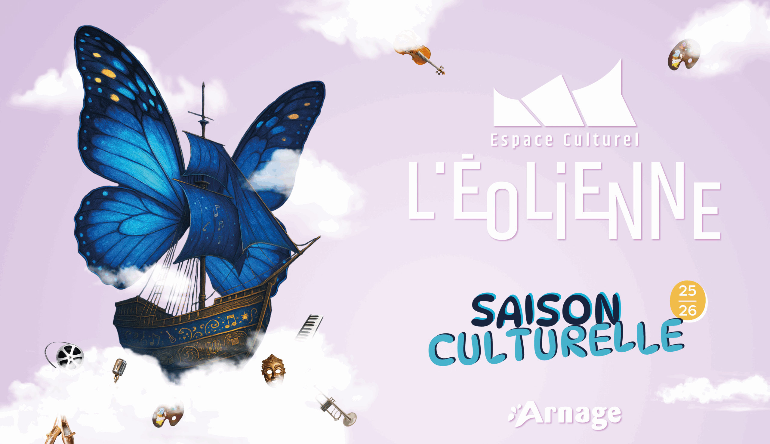 Bateau avec ailes de papillon dans le ciel, entouré d’objets culturels