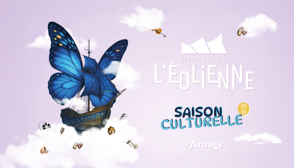 Bateau avec ailes de papillon dans le ciel, entouré d’objets culturels